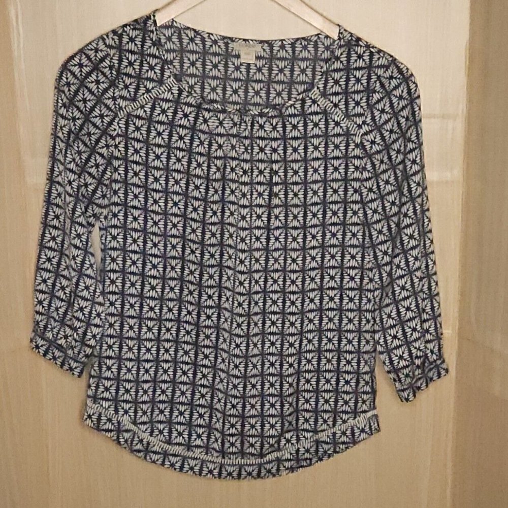 J. Crew Blue White Abstract Silky Pullover Blouse XXS